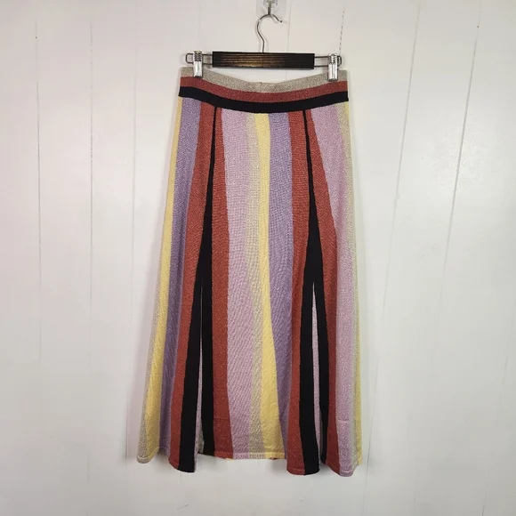 Anthropologie Laia Pink Purple Stripe Midi Knit Swing Skirt Size Small Mod Artsy - Picture 6 of 12